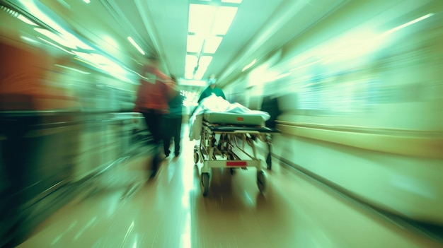 Een vervaagde foto van een patiënt op een brancard of brancard die door artsen en verpleegsters snel door een ziekenhuiscorridor naar een spoedeisende hulp wordt geduwd