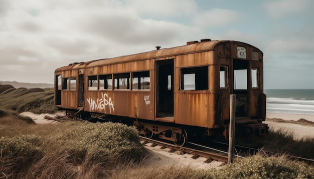 Een vervallen treinwagon die op het strand roest