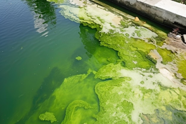 Foto een vervuilde vijver met groenachtig water en bloeiende algen