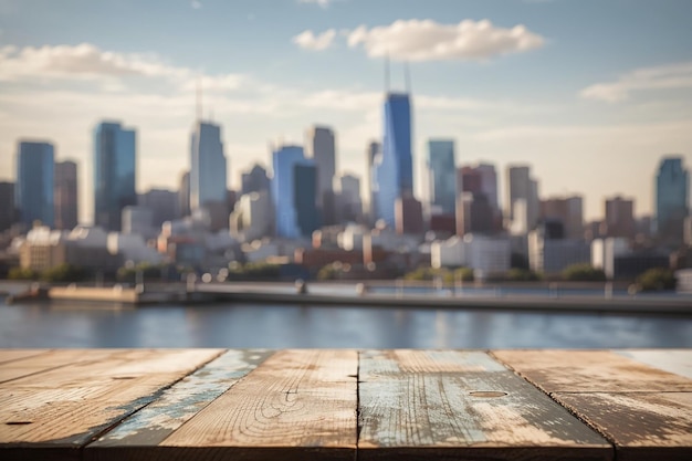 Een verweerd houten plank met een vervaagd stadsbeeld als achtergrond