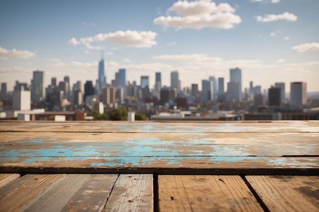 Een verweerd houten plank met een vervaagd stadsbeeld als achtergrond