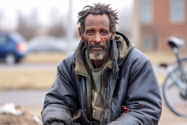 Foto een verweerde dakloze afro-amerikaanse man met een baard kijkt met een sombere uitdrukking naar de camera