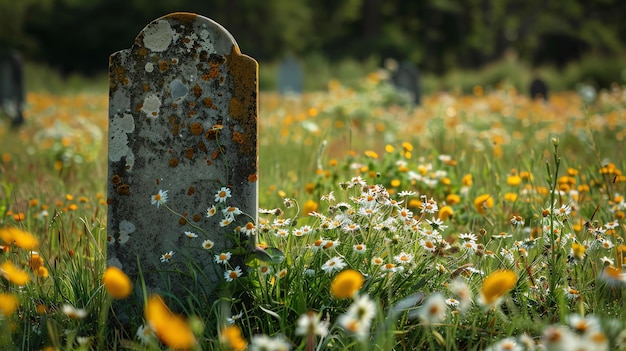 Een verweerde grafsteen staat in een veld van wilde bloemen de zon schijnt helder en de bloemen zijn in bloei het toneel is vreedzaam en serene