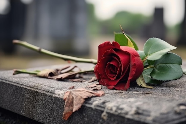 Een verwelkte roos op een grafsteen symboliseert verlies en herinnering.