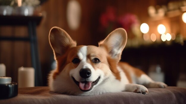 Een verwende corgi-hond geniet van een ontspannende spabehandeling in een luxe salon en geniet van ultiem comfort en verjonging gegenereerd ai