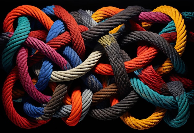 Een verwikkelde stapel gekleurde touwen verwarring en denkproces concept