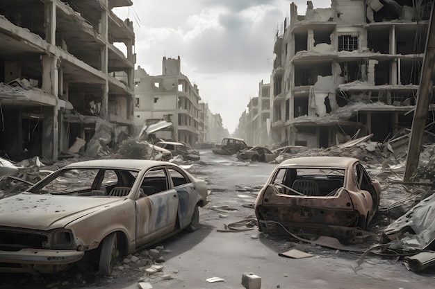 Een verwoeste auto staat tussen de ruïnes van huizen in een door oorlog verscheurde stad Generatieve AI