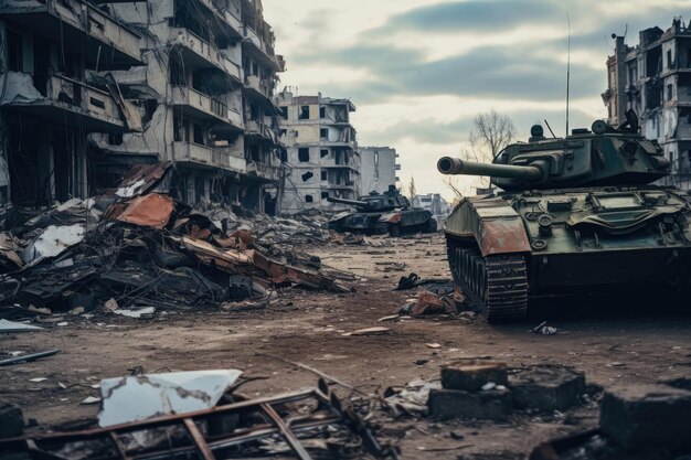 een verwoeste stadsstraat met een vernietigde tank op de voorgrond.