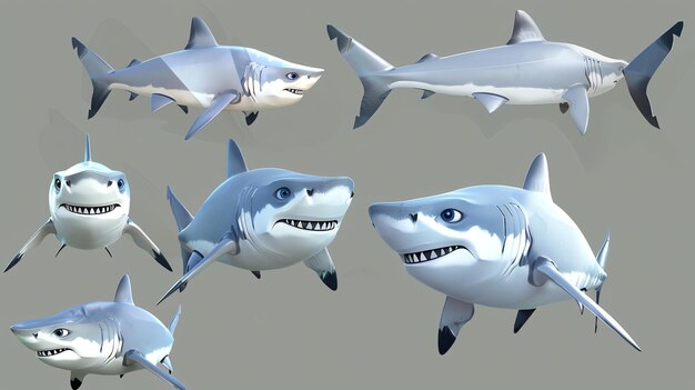 Foto een verzameling 3d-weergegeven beelden van een cartoonhaai. de haai is wit en heeft blauwe ogen. hij glimlacht en heeft zijn mond open.