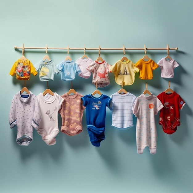 Een verzameling babykleertjes hangt aan een touw waarvan er één zegt 'babykleertjes'