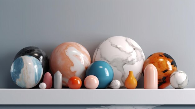 Een verzameling ballen op een plank met een marmeren achtergrond.