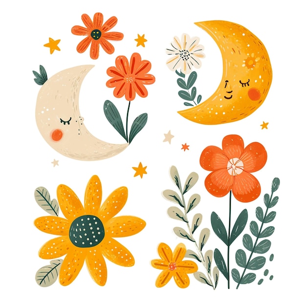 een verzameling beelden met bloemen, planten en een maan