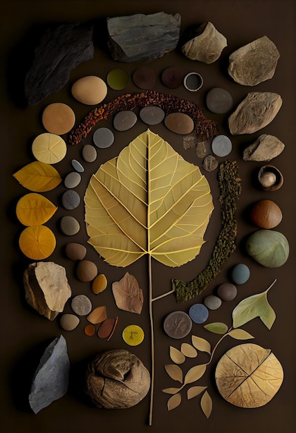 Een verzameling bladeren en stenen is in een cirkel gerangschikt.