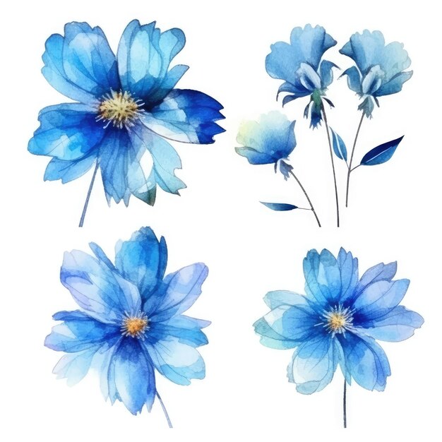 Een verzameling blauwe bloemen met het woord blauw erop.