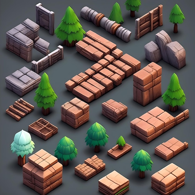 Een verzameling blokken en bomen in verschillende vormen.