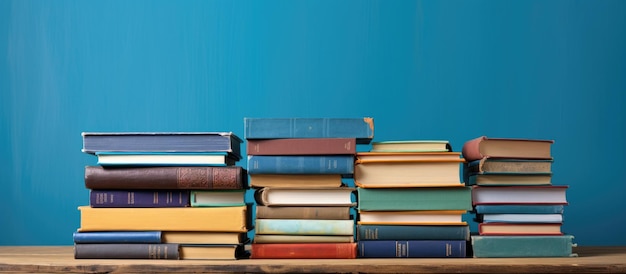 Een verzameling boeken met harde kaft is netjes gerangschikt op een houten dektafel tegen een achtergrond van