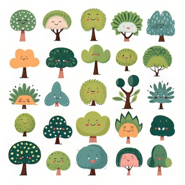 Een verzameling bomen met verschillende gezichten en de woorden "bomen" op de bodem.