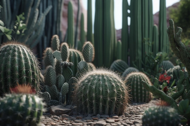 Een verzameling cactusplanten in een woestijntafereel