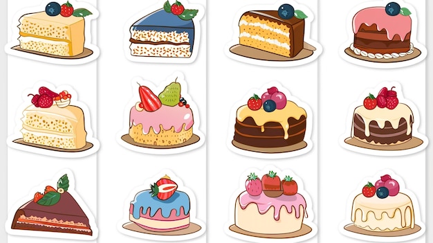 Een verzameling cakes met verschillende afbeeldingen, waaronder een met de tekst " dessert ".