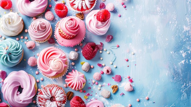 een verzameling cupcakes met roze glazuur en snoep