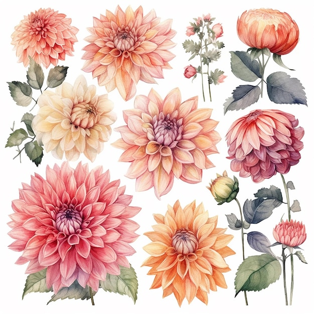 Een verzameling dahlia's met bloemen