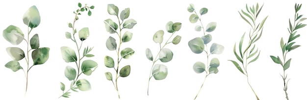 Een verzameling delicate aquarel bladeren in verschillende schakeringen van groen op een witte achtergrond