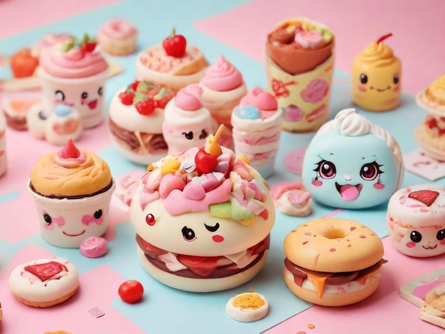 een verzameling desserts, waaronder een met een hello kitty bovenop