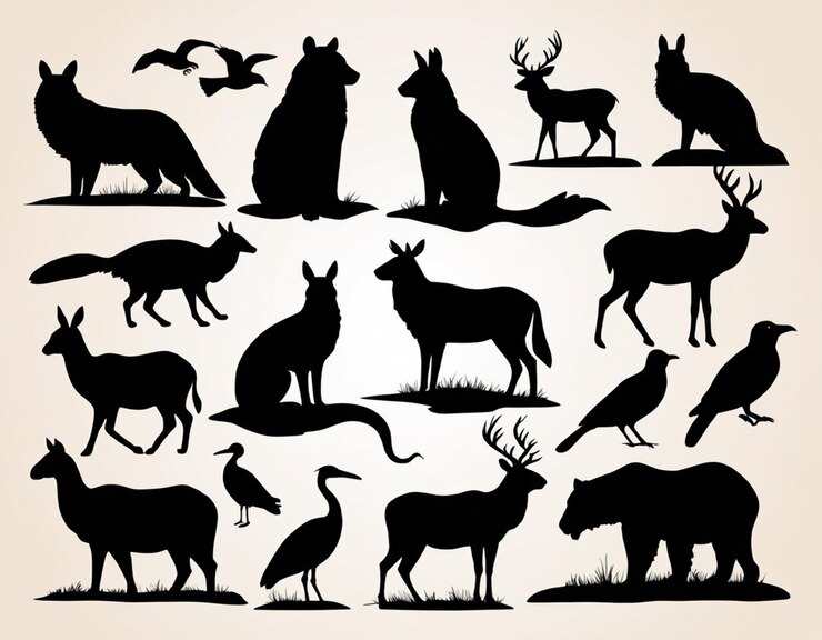 Foto een verzameling dieren, waaronder een wolf een hert en een hert