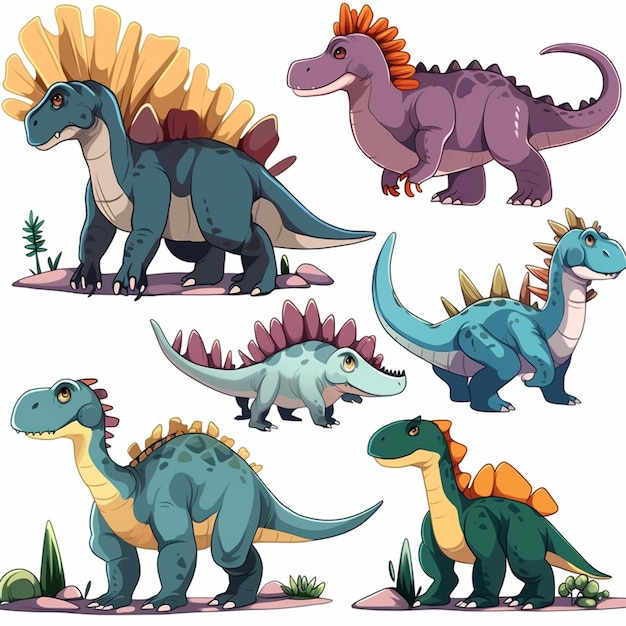 Een verzameling dinosaurussen met verschillende kleuren.