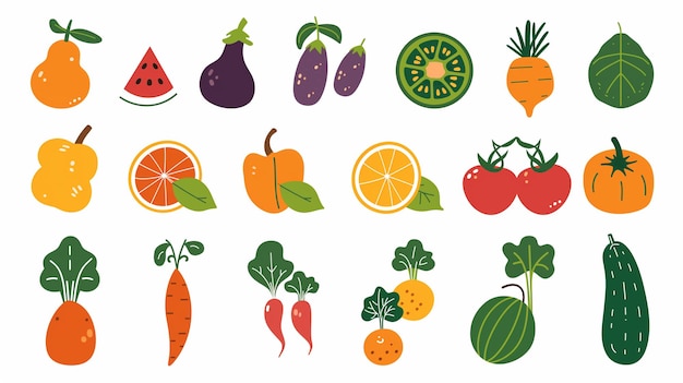 een verzameling fruit en groenten, waaronder wortels, wortels en een aardbeien