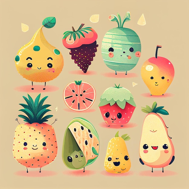 Een verzameling fruit met gezichten en gezichten.