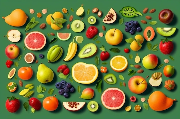 Een verzameling fruit, waaronder een die 'fruit' zegt
