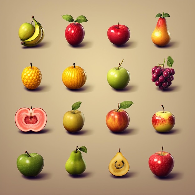 Een verzameling fruit, waaronder een met een glimlachend gezicht.