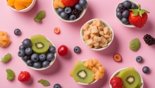 een verzameling fruitbakjes met verschillende soorten fruit erop