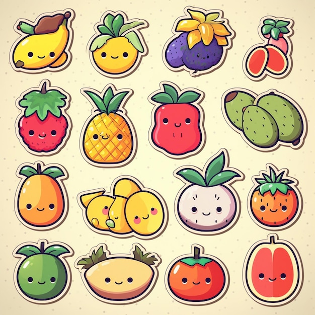 Een verzameling fruitstickers met de woorden "fruit" erop.