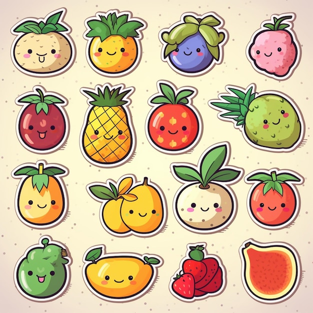 Een verzameling fruitstickers met de woorden "fruit" op de bodem.