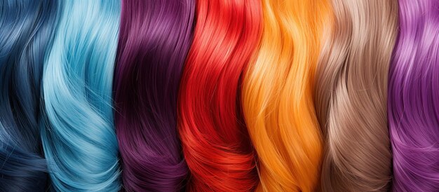 Foto een verzameling gedurfde haarkleuren en -texturen die als achtergrond dienen voor haarverf