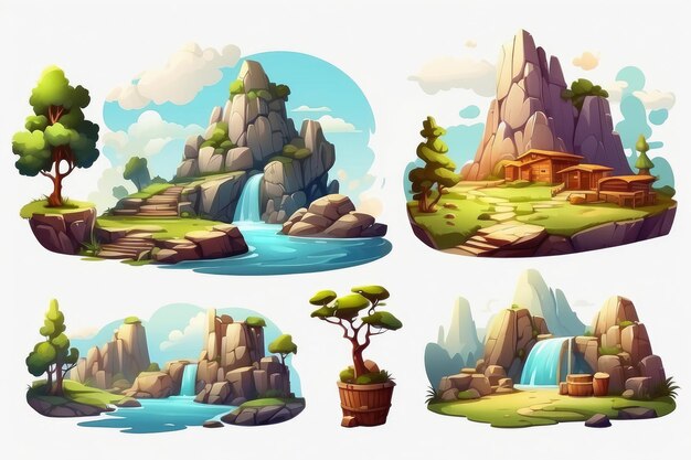 Een verzameling geïsoleerde gebouwen bomen stenen rotsen planten eiland vliegend land en natuurlijke elementen