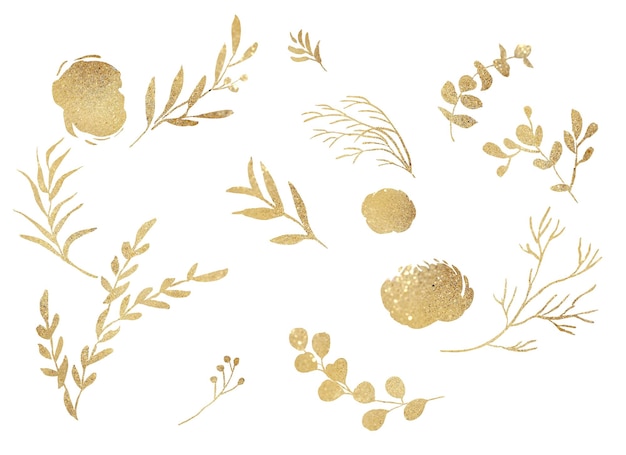 Een verzameling gouden en gouden bloemen en bladeren.