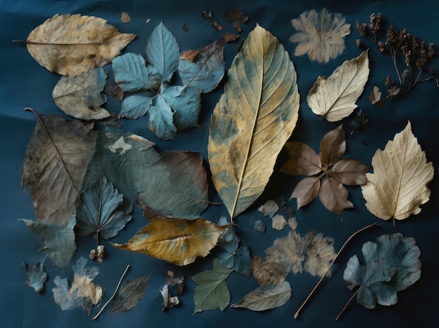 Een verzameling herfstbladeren op een blauwe achtergrond.