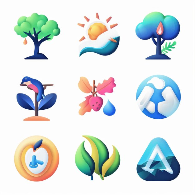 Foto een verzameling iconen, waaronder een boom, een letter, een symbool en een blad
