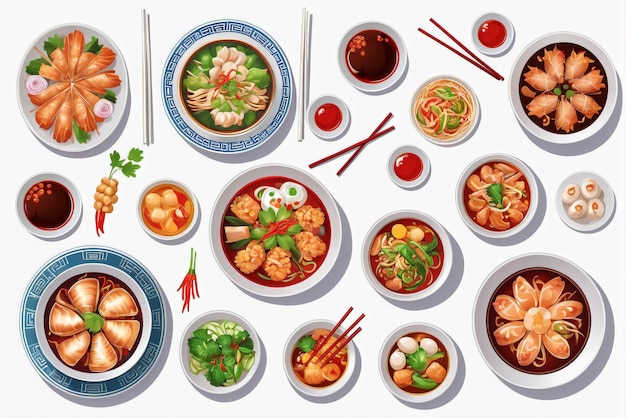 een verzameling illustraties van heerlijke Chinese gerechten geschikt voor restaurant menu's of banners