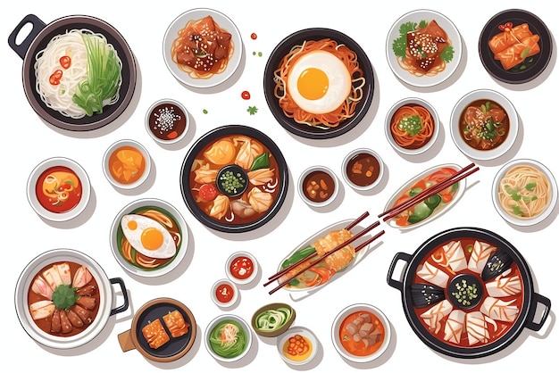 een verzameling illustraties van heerlijke Koreaanse gerechten geschikt voor restaurant menu's of banners