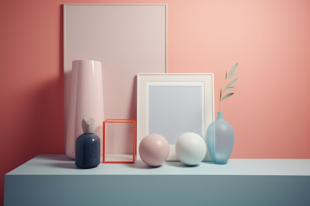 Een verzameling ingelijste objecten op een tafel met een roze achtergrond.