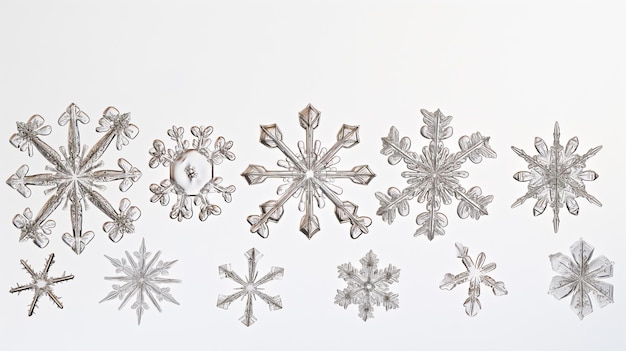 Foto een verzameling ingewikkeld ontworpen zilveren sneeuwvlokken tegen een witte achtergrond