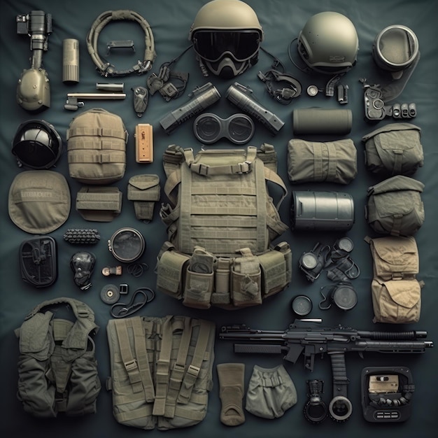 Een verzameling items, waaronder een soldatenhelm, een pistool, een pistool en een helm.