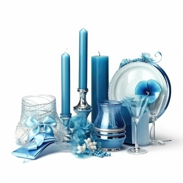 Een verzameling kaarsen, glazen en een kaars met een foto van een blauwe kaars.