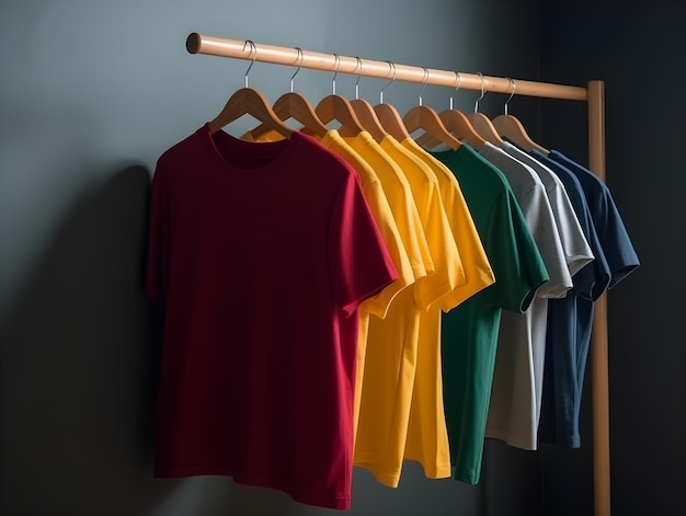 Een verzameling katoenen t-shirts die aan een hanger hangen generatieve ai