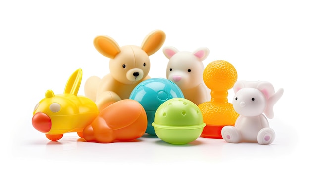 Een verzameling kleurrijk plastic speelgoed, waaronder een konijn, een konijn, een konijn en een bal.