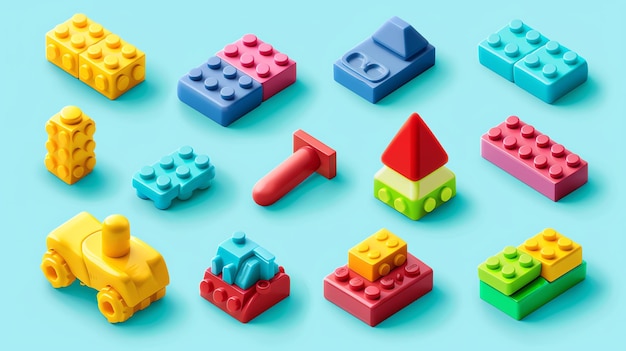 Foto een verzameling kleurrijke 3d-gerenderde lego-stenen en speelgoed op een blauwe achtergrond